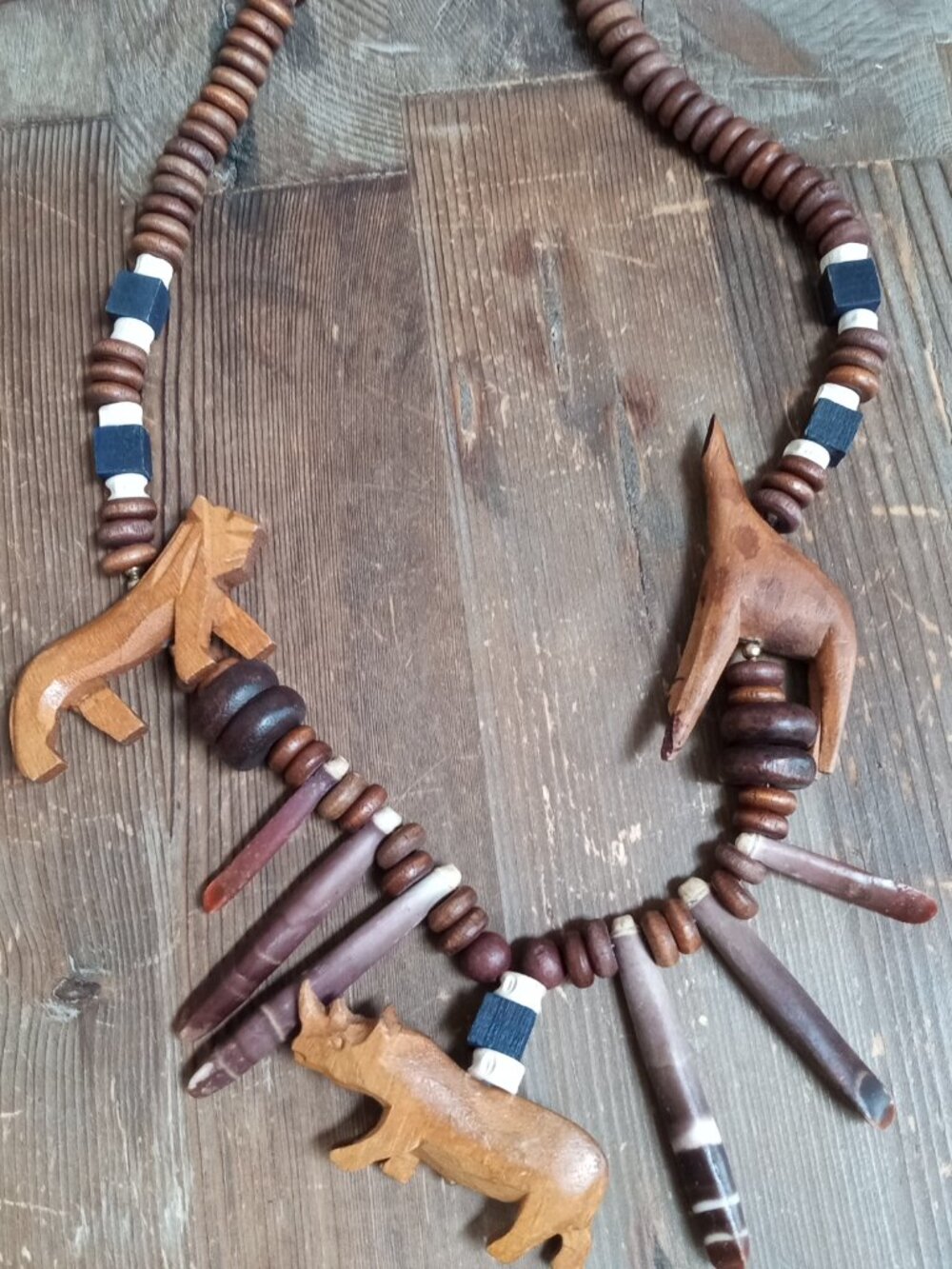 Vintage African Hand Carved Wooden Animal Safari Bead Necklace